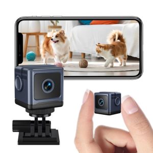 Câmera mini com bateria, alarme inteligente e detecção de movimento, conexão sem fio e conexão via celular.